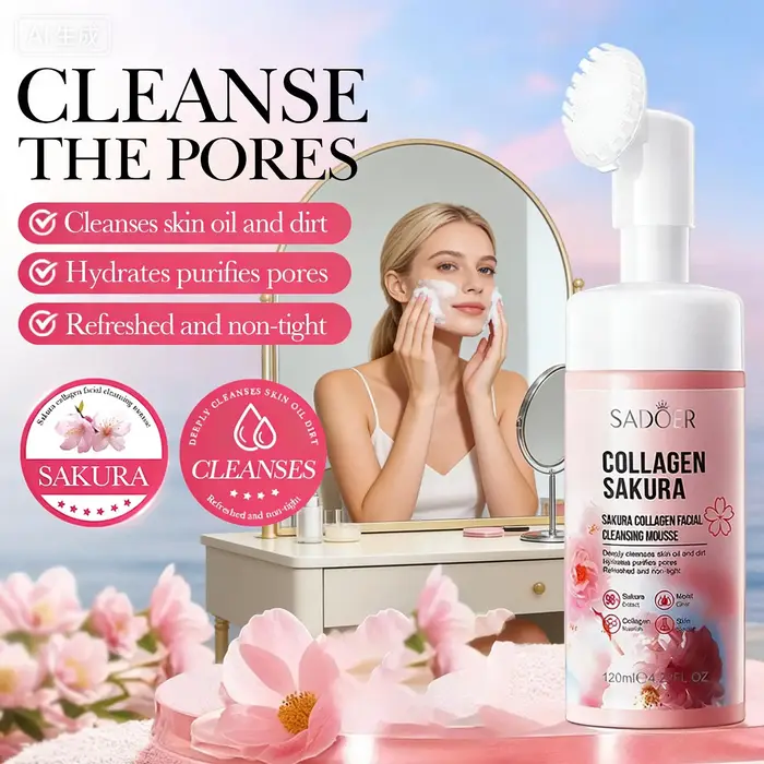 SADOER Mousse Nettoyante Visage au Sakura Hydratante Anti-âge pour Massage Facial