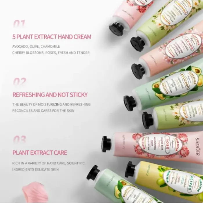 5 pièces/paquet Crèmes pour les mains parfumées aux fruits et aux plantes, hydratantes, réparatrices durables, anti-dessèchement, crèmes pour les mains, produits de soin de la peau des mains