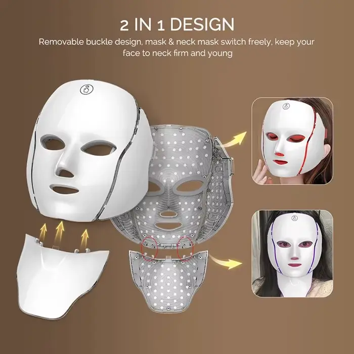 Masque facial LED 7 couleurs, thérapie par lumière rouge, rechargeable par USB, masque sans fil, soin anti-âge du visage et du cou, stimulation du collagène, appareil de beauté