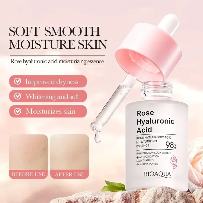 Ensemble de soins de la peau à la rose : Essence à l'acide hyaluronique, crème hydratante et éclaircissante pour les yeux, crème pour le visage pour peaux sèches