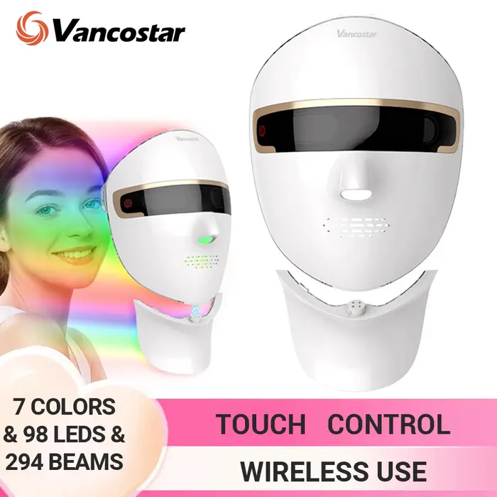 Masque facial LED pour le soin du cou, 98 LED, 7 couleurs de lumière rouge, contrôle tactile, rechargeable, rajeunissement de la peau, anti-âge, appareil de beauté sans fil
