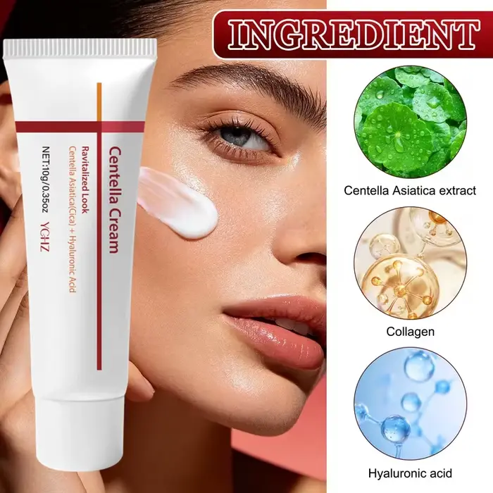Crème hydratante à la Centella Asiatica — une crème pour le visage contenant de l'acide hyaluronique, de la vitamine E, du beurre de karité et de la caféine — raffermit et liftant la peau relâchée, éc
