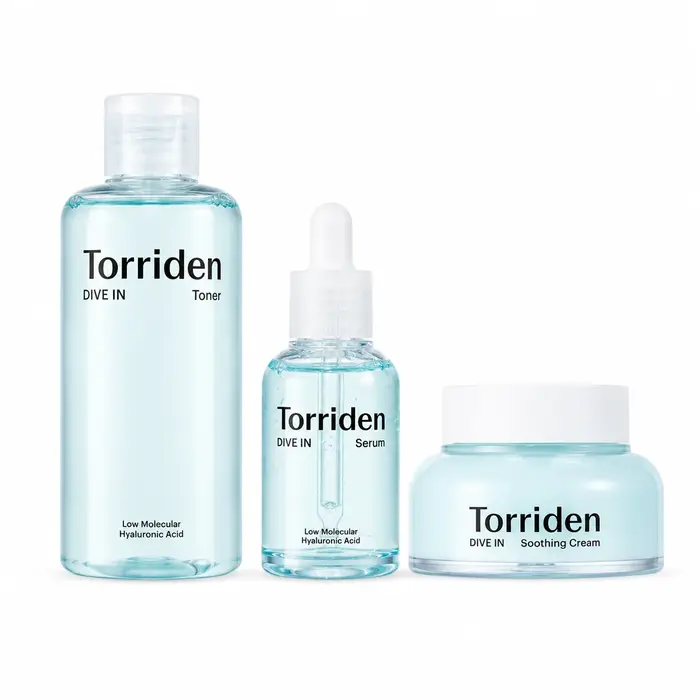 Torriden DIVE-IN 3Pcs Toner, Sérum et Crème Apaisante à l'Acide Hyaluronique à Faible Poids Molécula