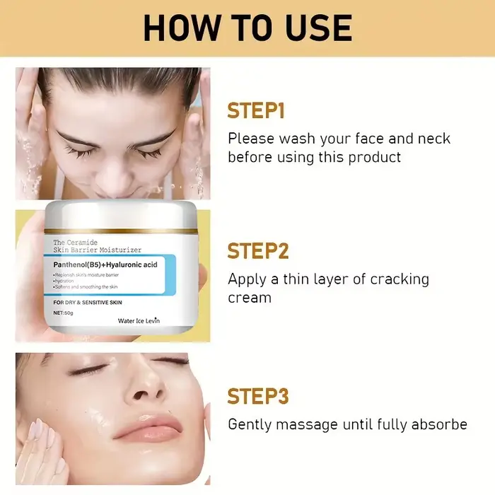 Ceramide Barrière Hydratante Pantenol Acide Hyaluronique. Soulevez instantanément et fermes. Hydrate et lisse. Soulagement de la peau sèche et sensible.