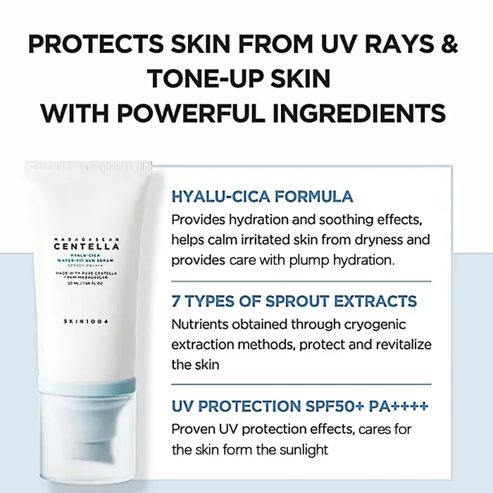 Sérum solaire hydratant SKIN1004 Madagascar Centella Hyalu-Cica SPF50+ PA++++, non desséchant, prote