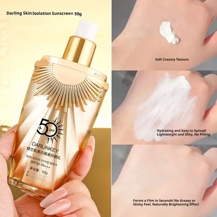 DARLINKEY Crème Solaire Isolante SPF50 5-en-1 Éclaircissante et Unifiante PA+++ Anti-UV Teint Naturel Sans Maquillage Protection Faciale Sans Effort