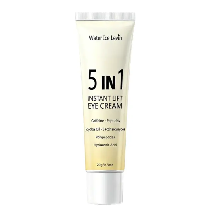 Crème pour les yeux à effet liftant instantané 5 en 1. Résultats en 2 minutes. Lisse les poches sous les yeux, raffermit, hydrate en profondeur. Peptides de caféine, acide hyaluronique. 20g.