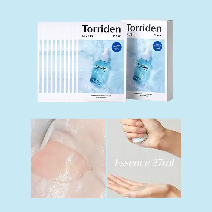Torriden DIVE-IN Masques pour le visage à l'acide hyaluronique 10 pièces, fins et adaptés à la peau,