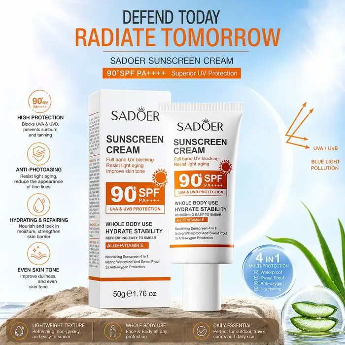 Crème solaire SPF 90+ PA++++, crème solaire légère quotidienne pour le visage et le corps, crème solaire pour la plage, le jogging, les sports de plein air