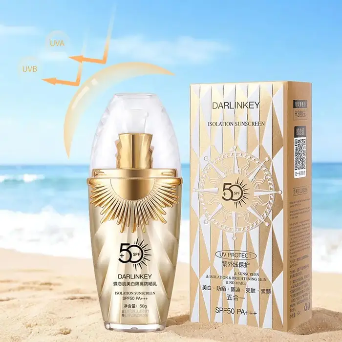 DARLINKEY Crème Solaire Isolante SPF50 5-en-1 Éclaircissante et Unifiante PA+++ Anti-UV Teint Naturel Sans Maquillage Protection Faciale Sans Effort