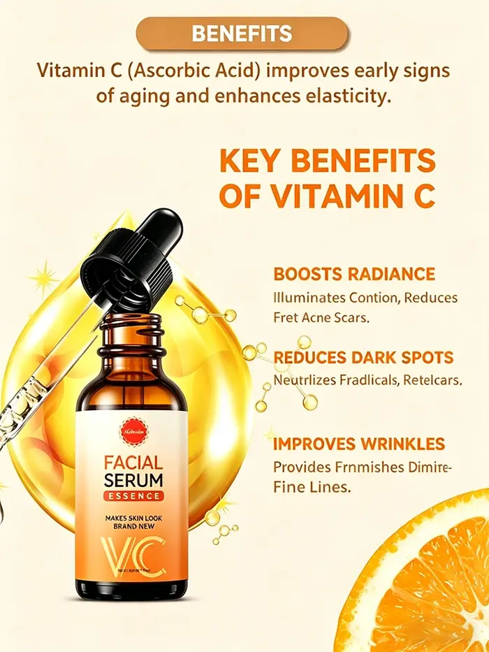 Sérum éclaircissant pour la peau à la vitamine C, combat le mélanisme et les taches, unifie et renouvelle le teint de la peau.