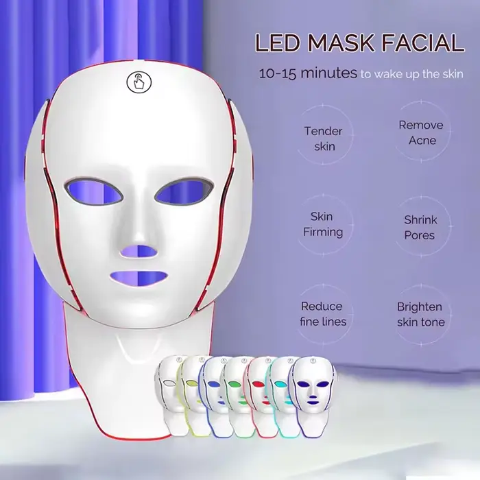 Masque facial LED 7 couleurs, thérapie par lumière rouge, rechargeable par USB, masque sans fil, soin anti-âge du visage et du cou, stimulation du collagène, appareil de beauté