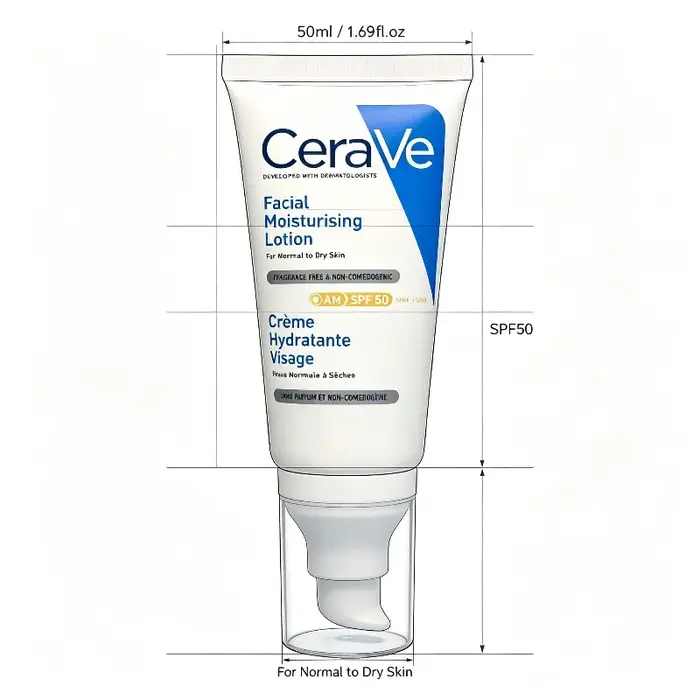 CeraVe AM Lotion SPF50 52ml, Soin hydratant longue durée pour peaux normales et sèches