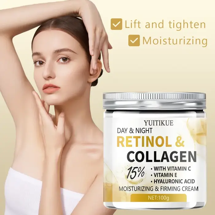 YUITIKUE Crème de Jour et de Nuit au Collagène 15% Rétinol 100g - Lift Firm Hydrater avec Acide Hyaluronique Vit C/E