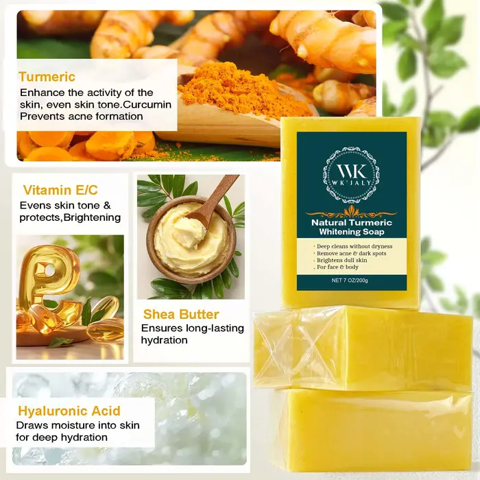 Savon éclaircissant au curcuma WK JALY, anti-acné, anti-taches brunes, avec acide hyaluronique, pour