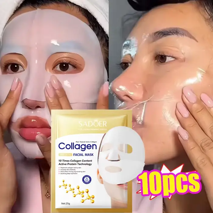 Lot de 10 masques faciaux coréens au collagène anti-rides – Atténue les ridules