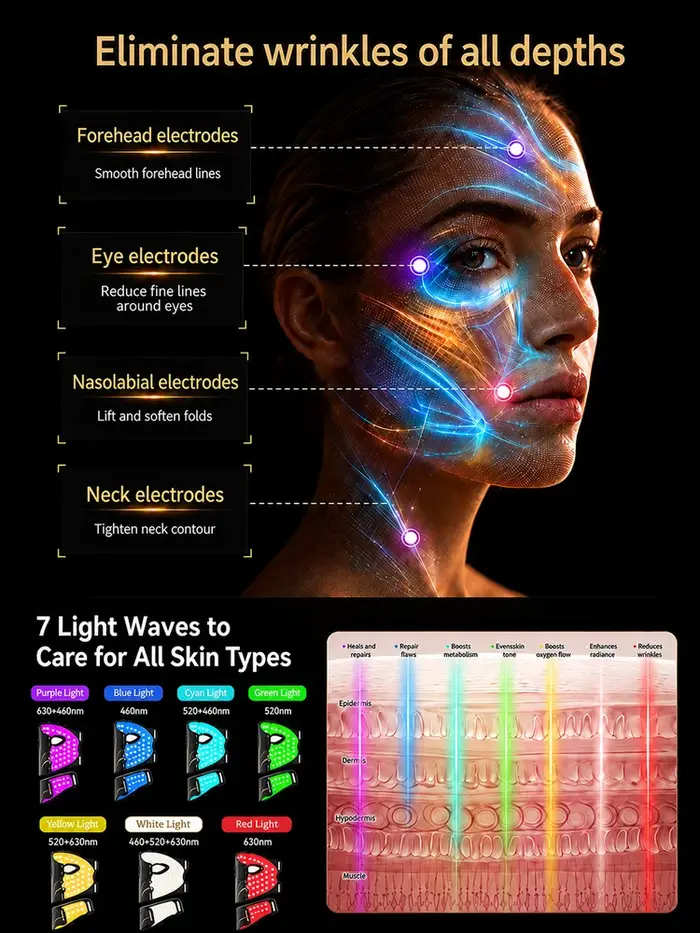 Masque facial LED 7 couleurs anti-rides et anti-âge, masque pour le front et le cou, masque de thérapie par lumière rouge LED, pour les plis nasogéniens