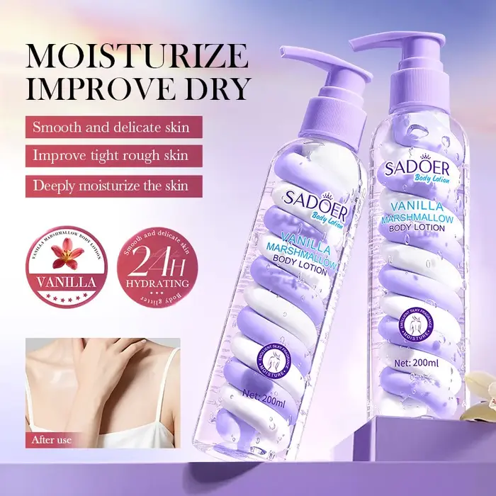 Lotion corporelle à la vanille et aux guimauves qui lisse et affine la peau, améliore la sécheresse,