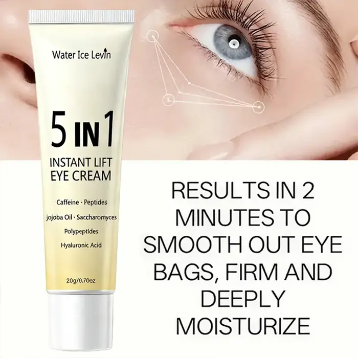Crème pour les yeux à effet liftant instantané 5 en 1. Résultats en 2 minutes. Lisse les poches sous les yeux, raffermit, hydrate en profondeur. Peptides de caféine, acide hyaluronique. 20g.