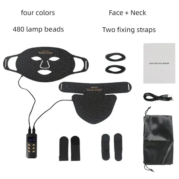 Masque facial à LED 4 couleurs avec cou, thérapie à la lumière rouge, proche infrarouge, matériau en