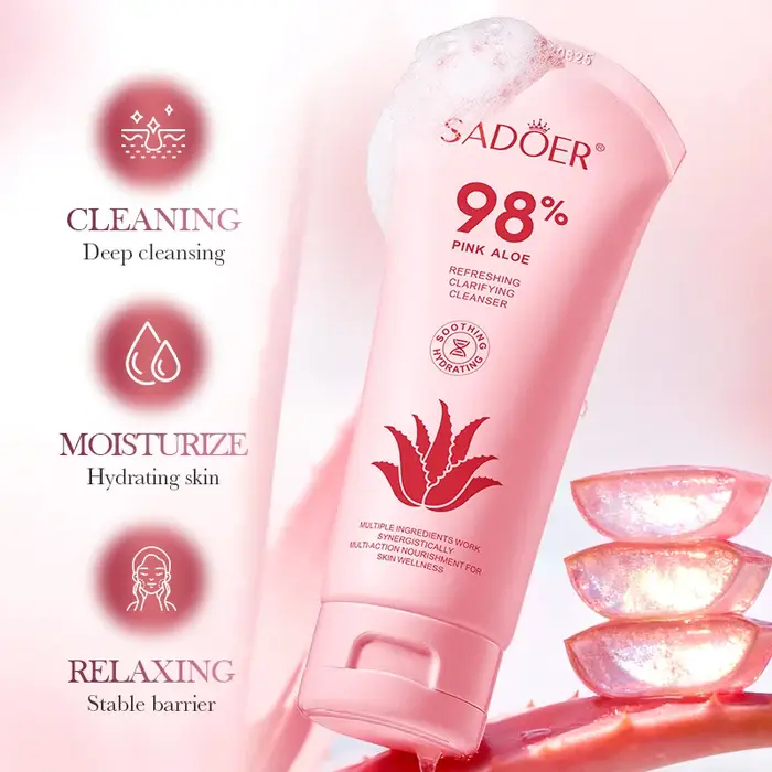 SADOER Nettoyant Visage Rose à l'Aloe Hydratant Nettoyage en Profondeur Anti-âge Apaisant Mousse Nettoyante Soin de la Peau