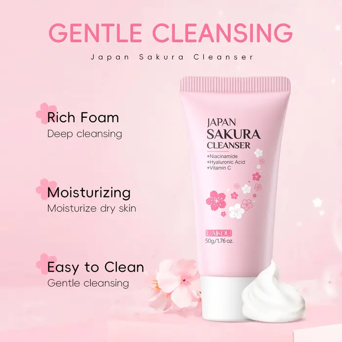 Laikou Sakura Nettoyant Visage Nettoyage en Profondeur des Pores Contrôle du Sébum Hydratant Éclaircissant Doux pour Tous Types de Peau 50g