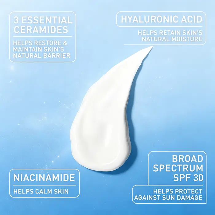 Lotion hydratante pour le visage CeraVe AM avec SPF 30, écran solaire à large spectre, acide hyaluronique, niacinamide, céramides, 3 fl oz