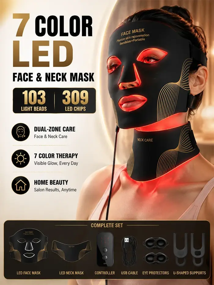 Masque facial LED pour thérapie par lumière rouge, masque facial et pour le cou, thérapie par lumière 7 couleurs, 309 puces LED, dispositif de soin de la peau en silicone.