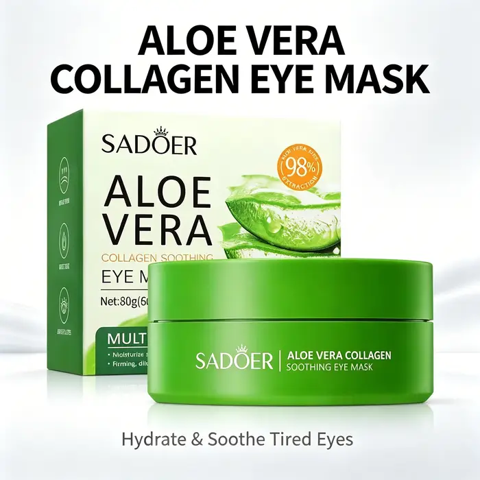 Masque pour les yeux au collagène et à l'aloe vera SADOER, 60 pièces, apaisant, hydratant, raffermis