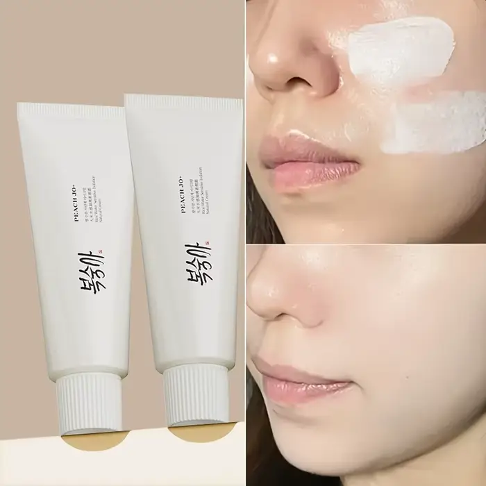 Crème isolante hydratante Peach Jo+ à l'eau de riz, maquillage du visage, look nude naturel, longue 