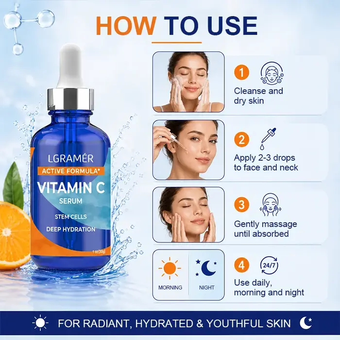 Sérum à la vitamine C, formule active, cellules souches, essence faciale, hydratation, antioxydant, éclaircissement de la peau terne, raffermissement, lissage, anti-âge