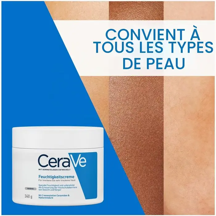 Crème hydratante CeraVe 340g sans parfum, crème quotidienne pour le visage et le corps avec céramides pour le soin des peaux sèches