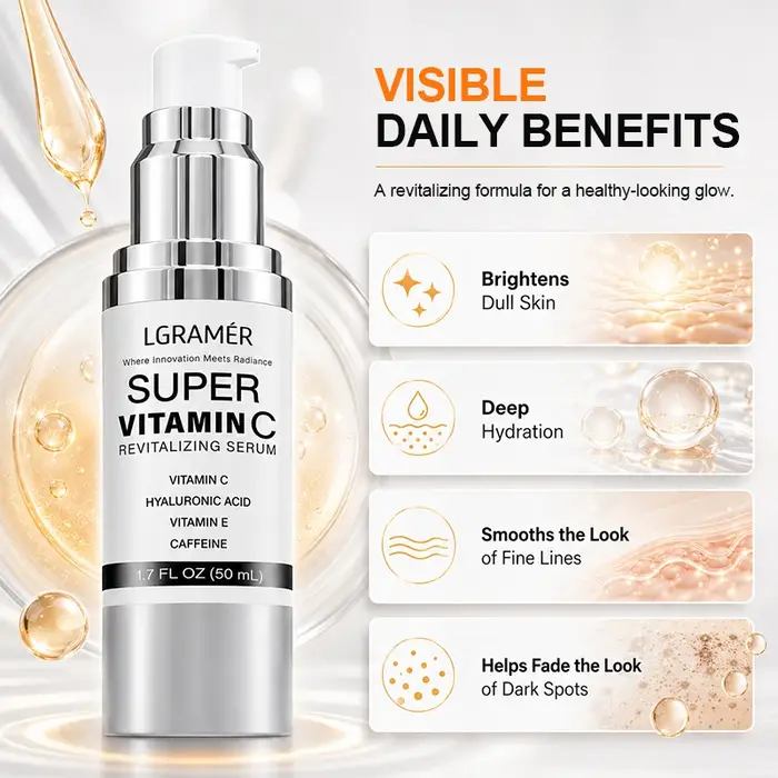 Sérum Visage Super Vitamine C, Spécialement Conçu pour les Peaux Matures, Essence Faciale Coréenne Légère Revitalisante pour une Peau Saine