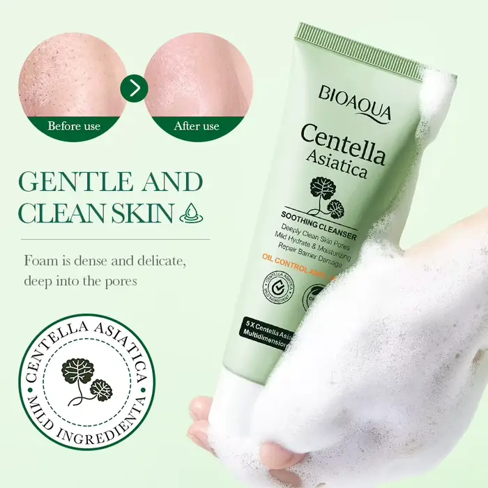BIOAOUA Centella Asiatica Nettoyant pour le visage Mousse nettoyante quotidienne douce avec acide hyaluronique et niacinamide pour un nettoyage en profondeur des pores