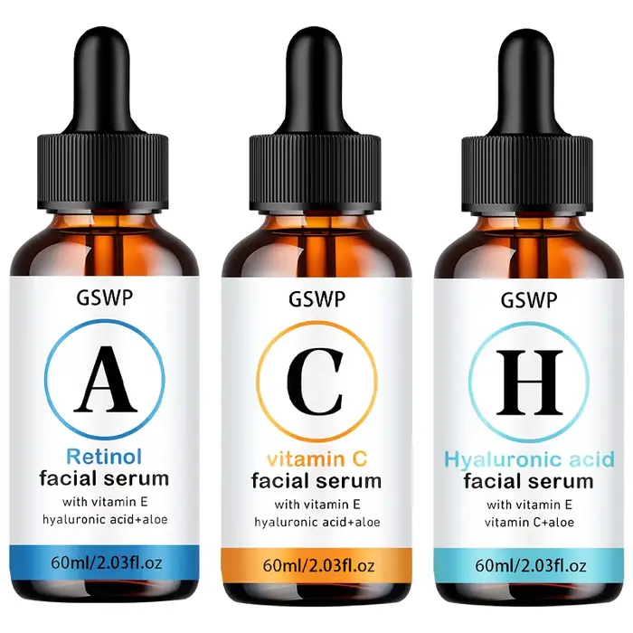 Sérum d'hydratation GSWP A, C, H. Contient du rétinol, de la vitamine C et de l'acide hyaluronique.