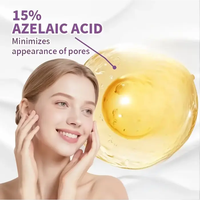 Crème pour le visage à 15 % d'acide azélaïque, essence hydratante en profondeur, absorption rapide, douce et respectueuse de la peau. Les ingrédients incluent de l'acide kojique, de la niacinamide, de