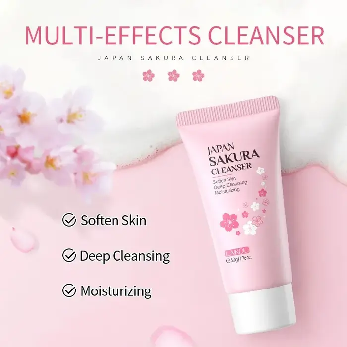 Laikou Sakura Nettoyant Visage Nettoyage en Profondeur des Pores Contrôle du Sébum Hydratant Éclaircissant Doux pour Tous Types de Peau 50g