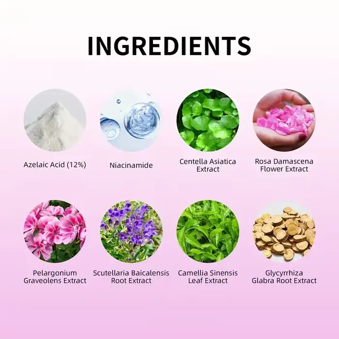 Essence à 12 % d'acide arbutique, crème gel hydratante contenant 12 % d'acide isopropylique, glycérine et acide salicylique, acide azélaïque, essence de Centella Asiatica et essence de niacinamide pou