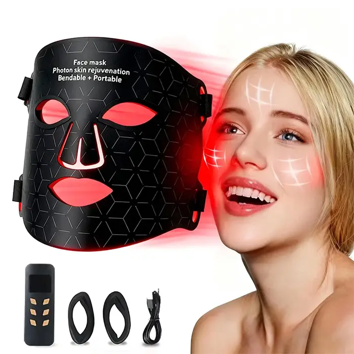 Masque de luminothérapie pour le visage 4 couleurs : Thérapie par lumière rouge et infrarouge proche pour le contrôle