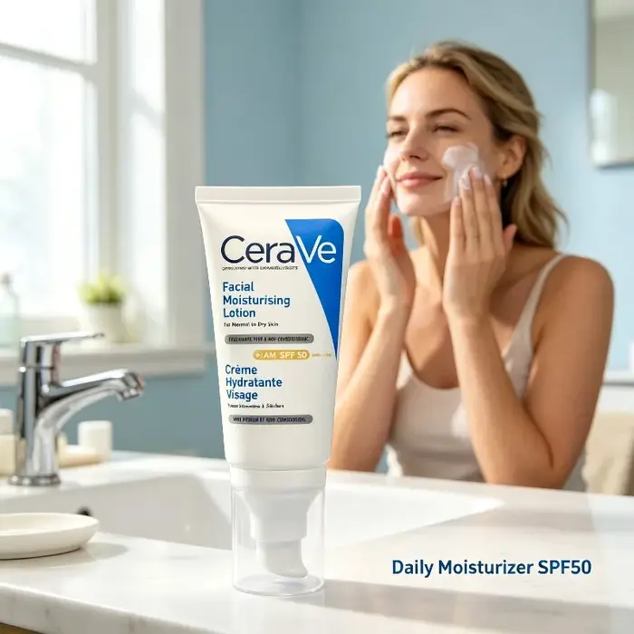 CeraVe AM Lotion SPF50 52ml, Soin hydratant longue durée pour peaux normales et sèches