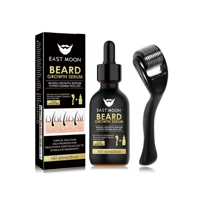 Kit de sérum pour la croissance de la barbe avec dermaroller 0,2 mm, infusé pour activer les follicu