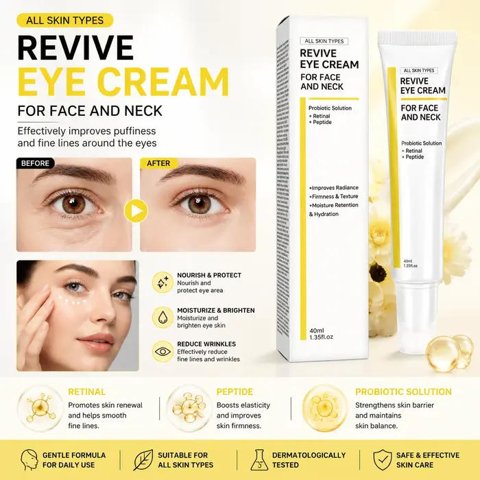Crème Contour des Yeux Revive 40ml pour Visage et Cou avec Niacinamide, Rétinal, Peptide, Acide Hyaluronique, Hydratante et Raffermissante