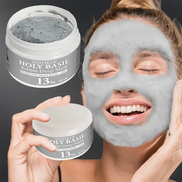 YUITIKUE Masque à bulles de basilic sacré avec 13 % PHA et 22 % d'argile naturelle - Nettoyage en profondeur auto-mousse