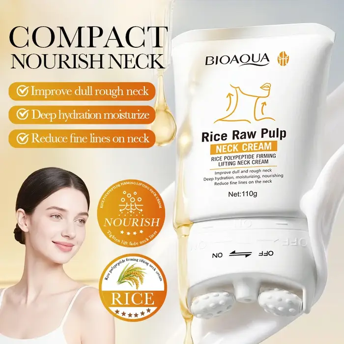 Crème pour le cou BIOAQUA à la pulpe de riz brute 110g, raffermissante, liftante, avec masseur à rou