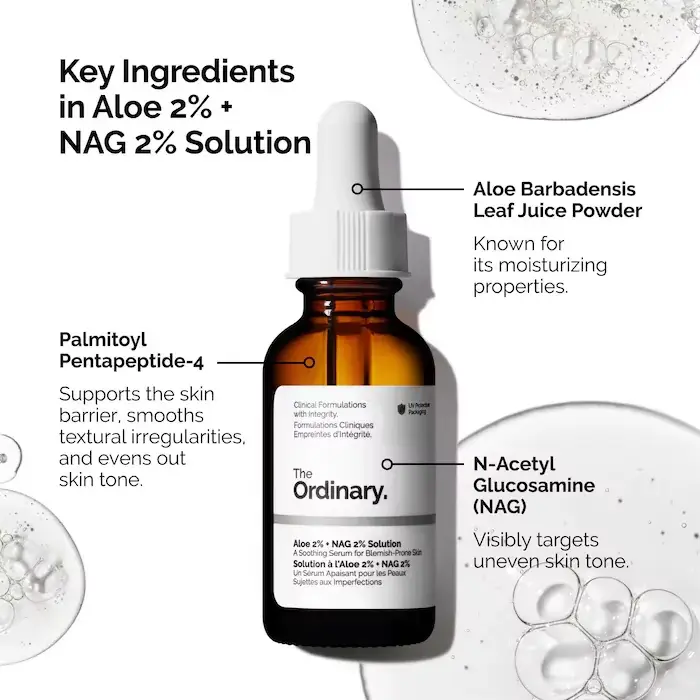 Sérum Solution Aloe 2% + NAG 2% 30 ml pour les marques post-acné améliore la texture de la peau