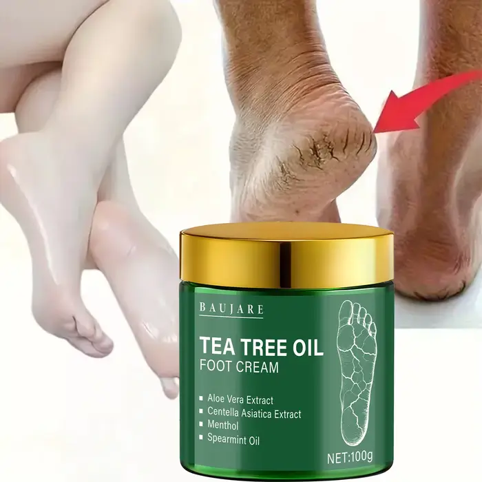 Crème pour les pieds à l'huile d'arbre à thé à l'aloe vera et au menthol - Hydrate et adoucit la peau avec l'acide hyaluronique et le rétinol