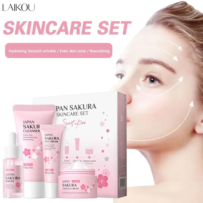 Coffrets de soins pour la peau Laikou Sakura avec nettoyant, sérum, crème pour les yeux, crème essen