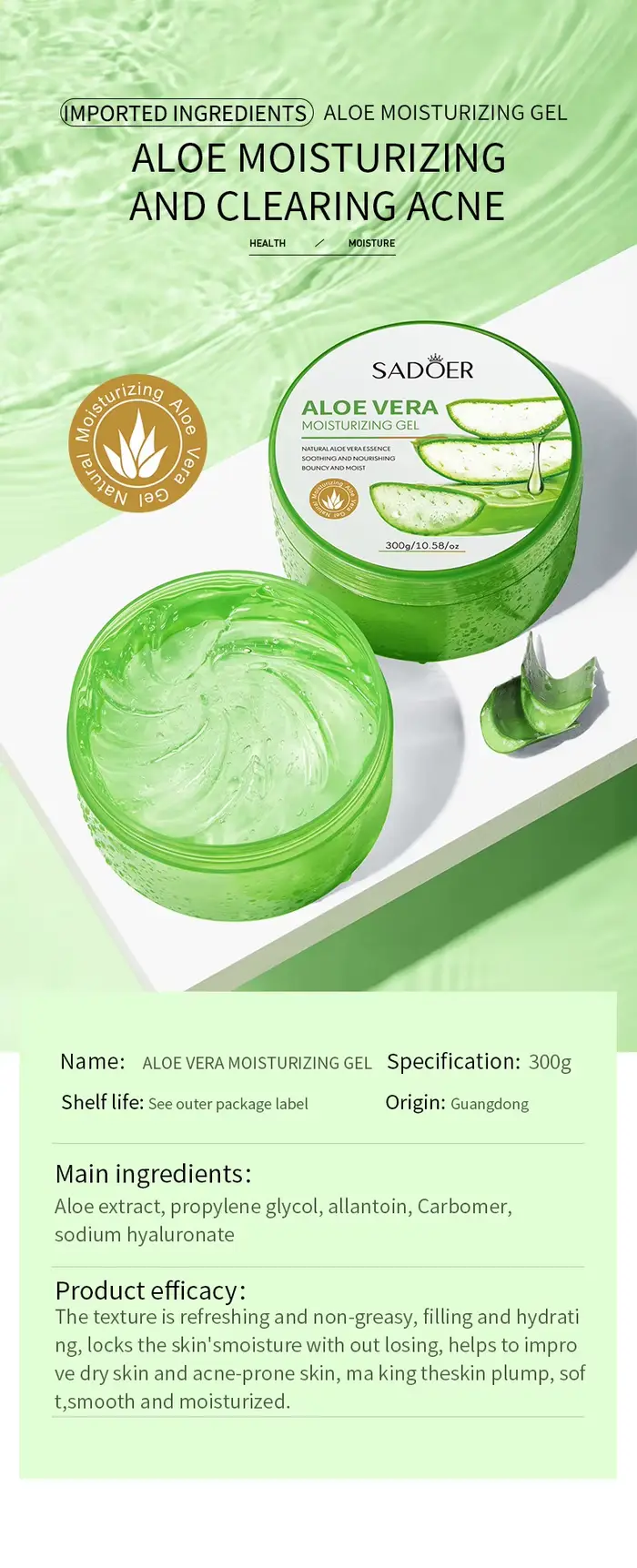 SADOER Gel d'Aloe Vera Gel hydratant d'Aloe Vera