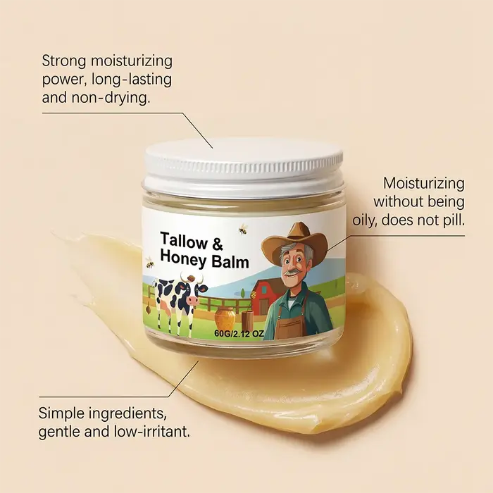 Baume au suif de bœuf biologique nourri à l'herbe avec miel cru - Crème hydratante pour une peau douce et lisse - Hydratant entièrement naturel fait à la main