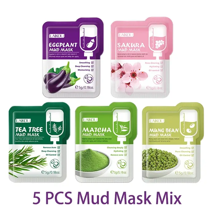 LAIKOU 5 pièces masque de boue masque d'argile Sakura Matcha aubergine arbre à thé haricot mungo con